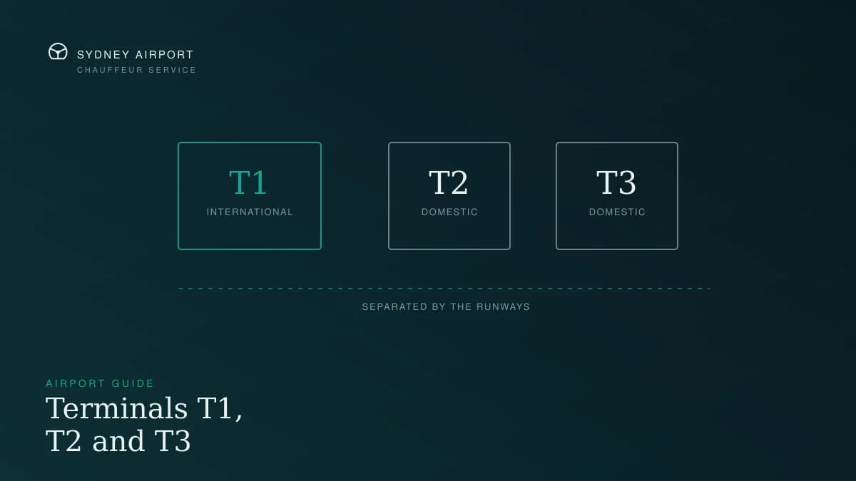 Diagram of Sydney Airport's three terminals: T1 International, T2 and T3 Domestic
