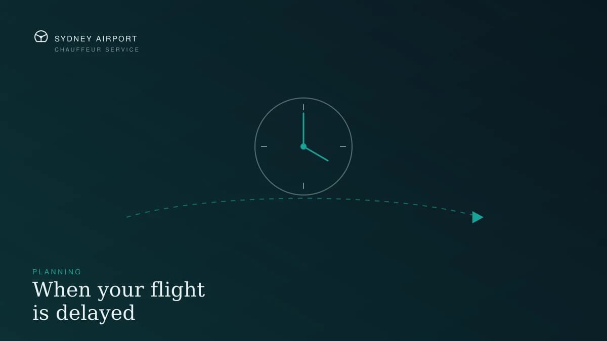 Illustration of a clock and a flight path, representing a delayed arrival and a waiting transfer