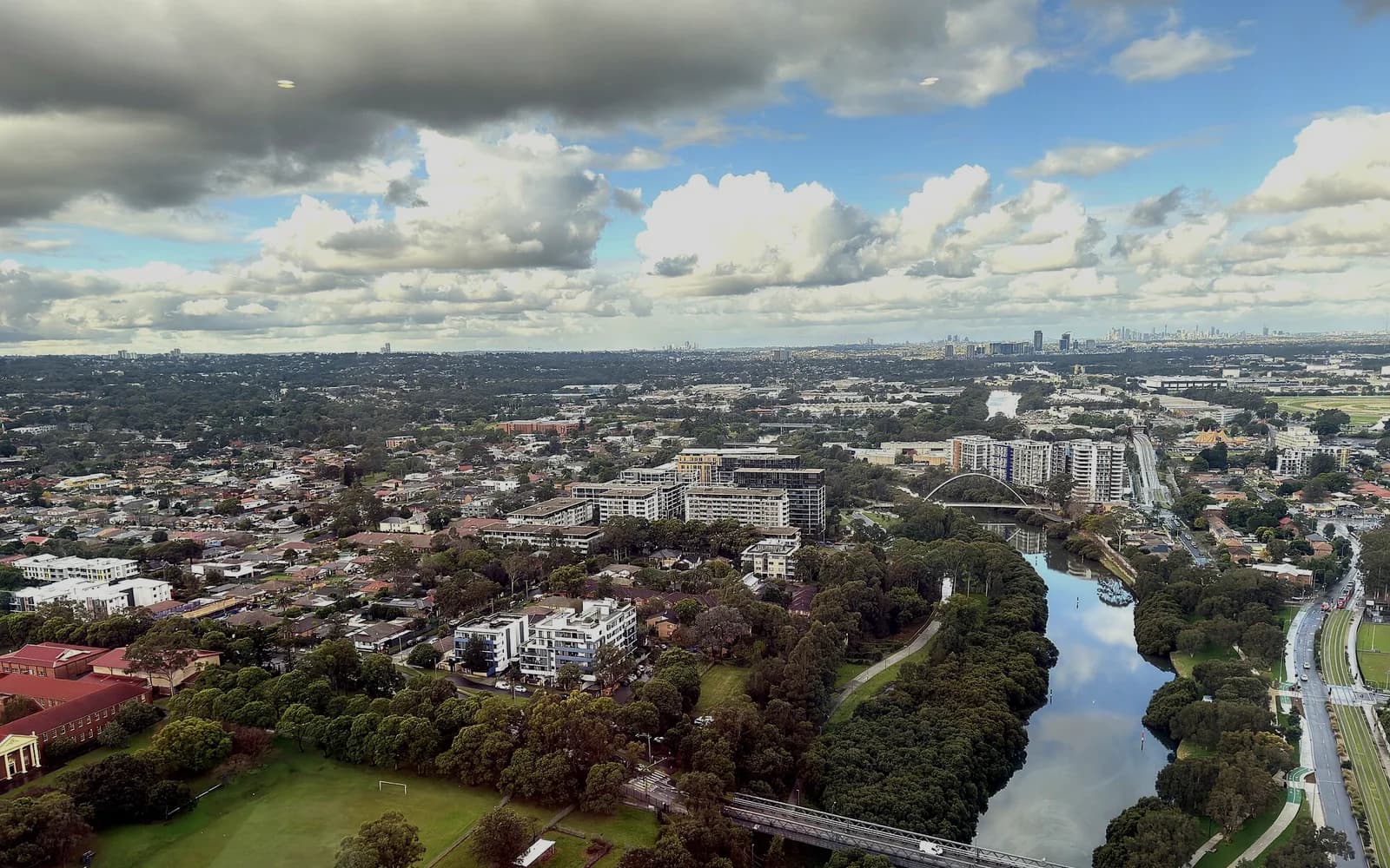 Aerial view of Parramatta, the river winding past the city centre