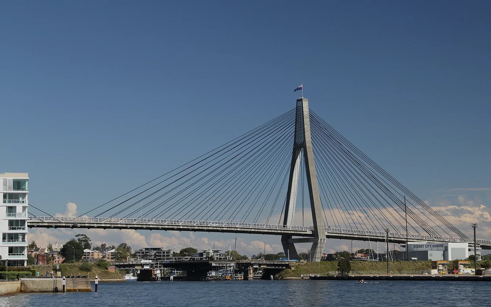 The Anzac Bridge spanning Johnstons Bay on the edge of Sydney's Inner West
