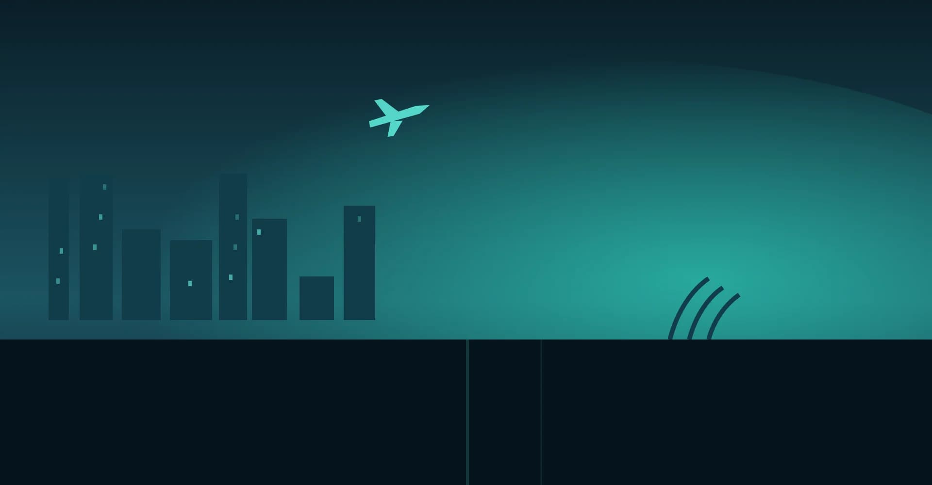 Illustration of the Sydney skyline and harbour with an aircraft above