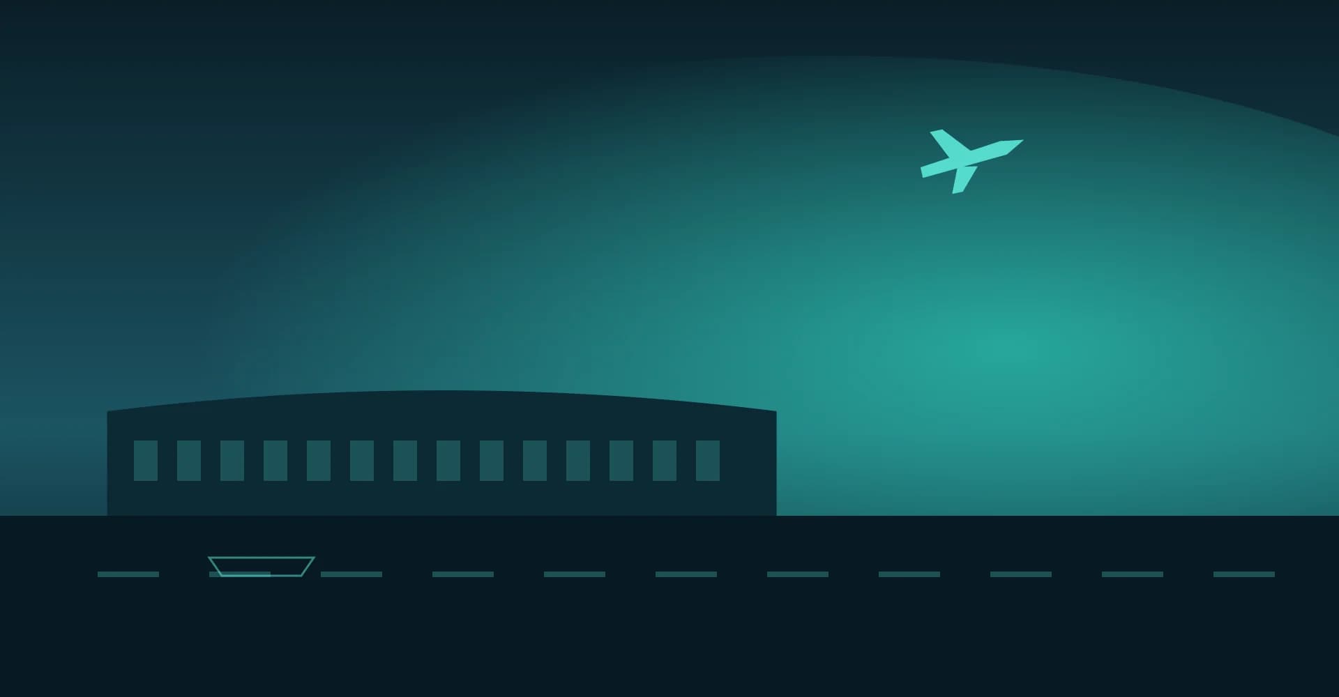 Illustration of an aircraft above the Sydney Airport terminal at night